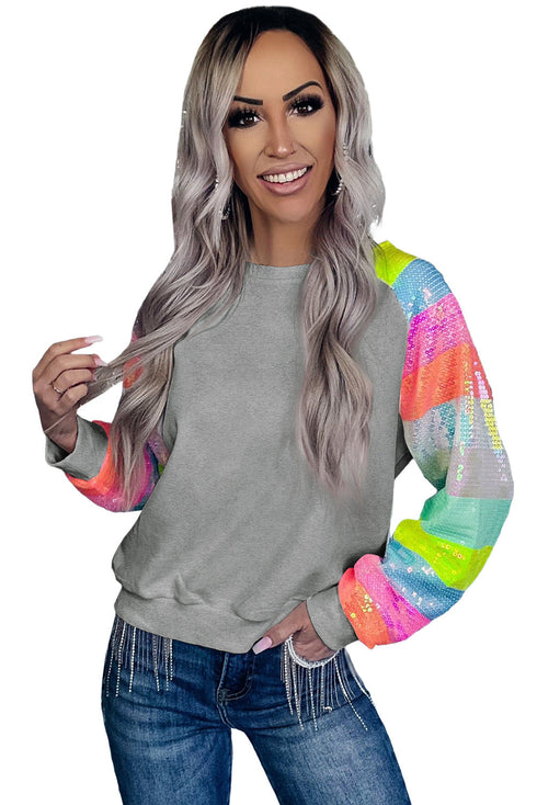 Sparkling Sequin Panel Raglan Pullover Sweatshirt
