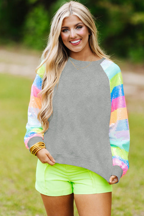 Sparkling Sequin Panel Raglan Pullover Sweatshirt