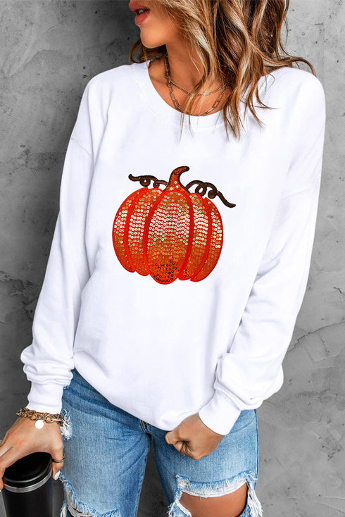 Sparkling Sequin Pumpkin Patch Graphic Festive Pullover Sweatshirt