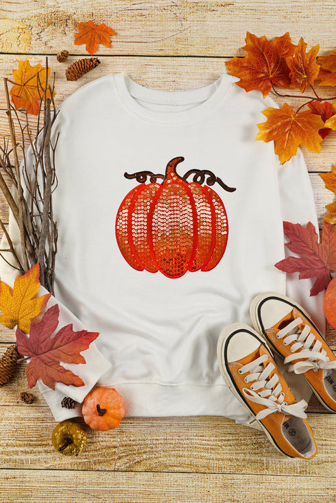 Sparkling Sequin Pumpkin Patch Graphic Festive Pullover Sweatshirt