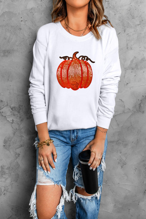 Sparkling Sequin Pumpkin Patch Graphic Festive Pullover Sweatshirt
