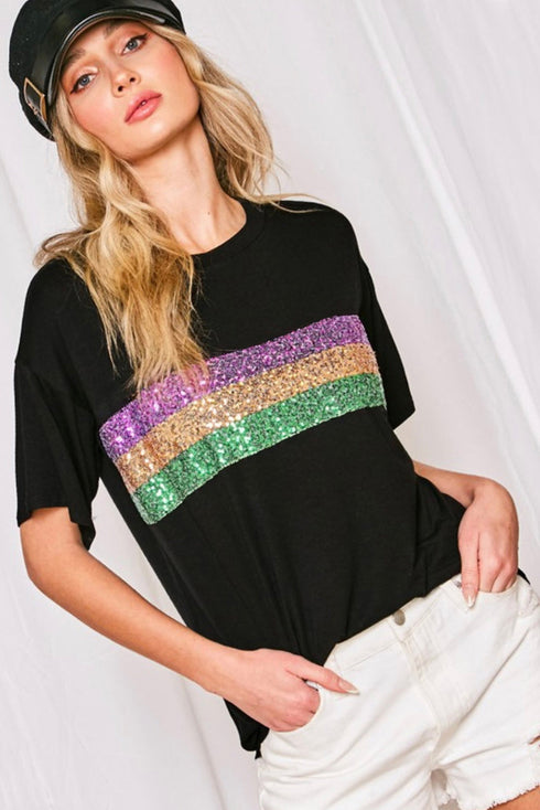 Sparkling Sequin Stripe Patchwork Crew Neck T Shirt