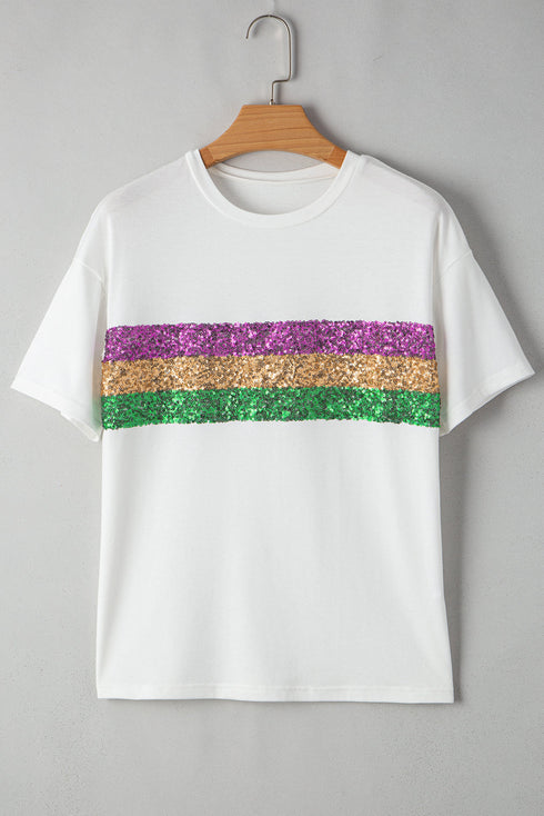Sparkling Sequin Stripe Patchwork Crew Neck T Shirt