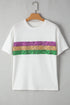 Sparkling Sequin Stripe Patchwork Crew Neck T Shirt