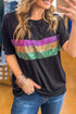 Sparkling Sequin Stripe Patchwork Crew Neck T Shirt