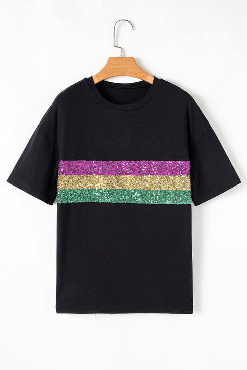 Sparkling Sequin Stripe Patchwork Crew Neck T Shirt