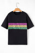 Sparkling Sequin Stripe Patchwork Crew Neck T Shirt