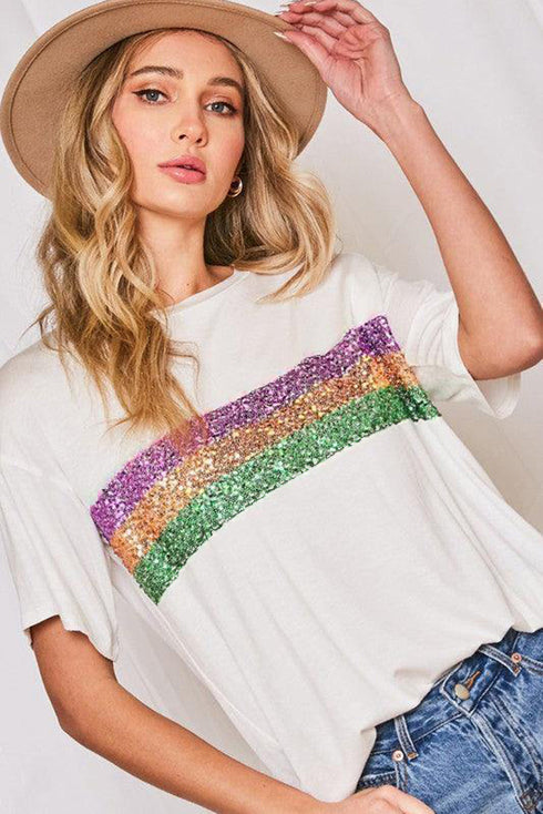 Sparkling Sequin Stripe Patchwork Crew Neck T Shirt