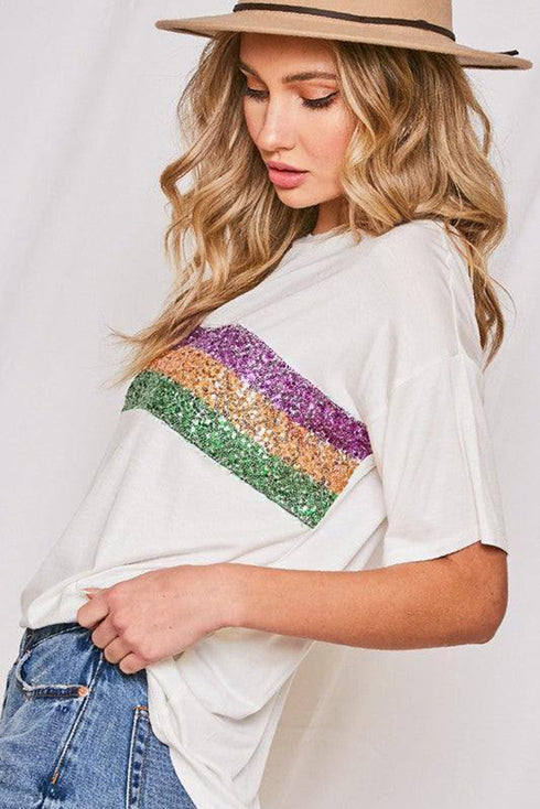 Sparkling Sequin Stripe Patchwork Crew Neck T Shirt