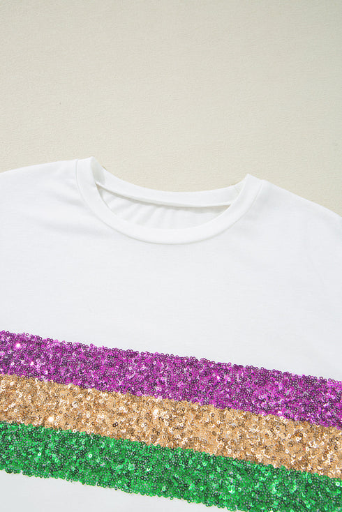 Sparkling Sequin Stripe Patchwork Crew Neck T Shirt