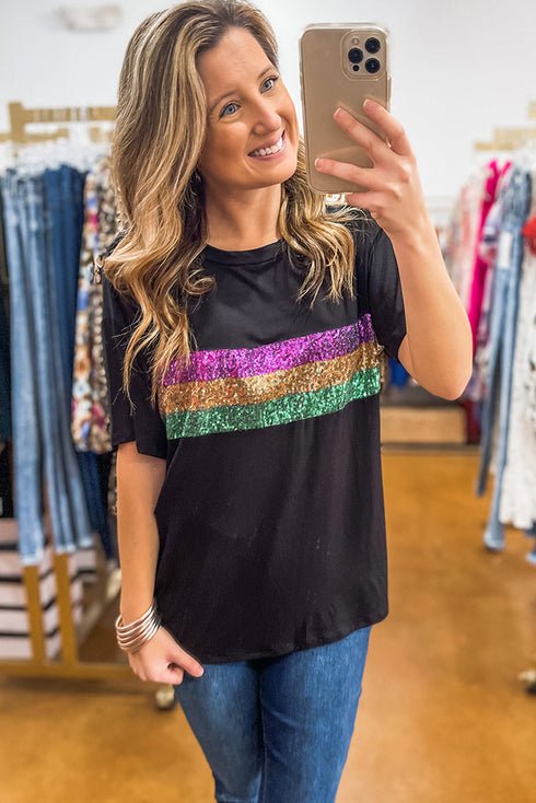 Sparkling Sequin Stripe Patchwork Crew Neck T Shirt