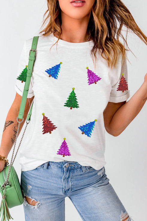 Sparkling Sequin Tree Motif Short Sleeve Holiday Shirt