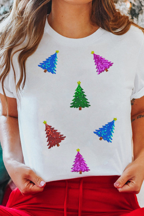 Sparkling Sequin Tree Motif Short Sleeve Holiday Shirt