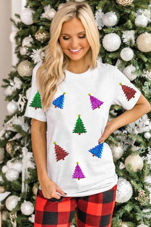 Sparkling Sequin Tree Motif Short Sleeve Holiday Shirt