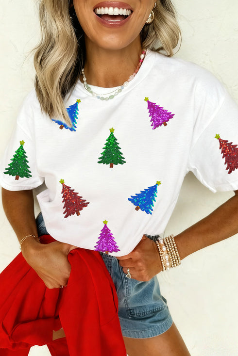 Sparkling Sequin Tree Motif Short Sleeve Holiday Shirt