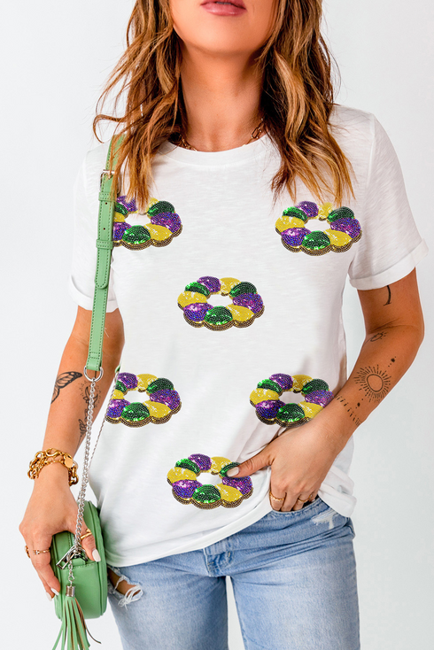Sparkly King Cake Graphic Print Crew Neck Shirt