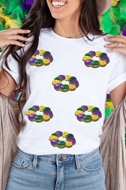 Sparkly King Cake Graphic Print Crew Neck Shirt