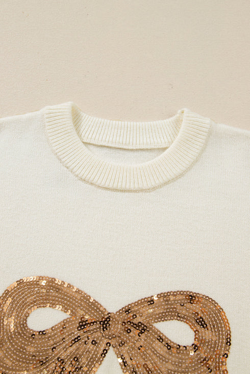 Sparkly Sequin Bow Graphic Pullover Knit Sweater
