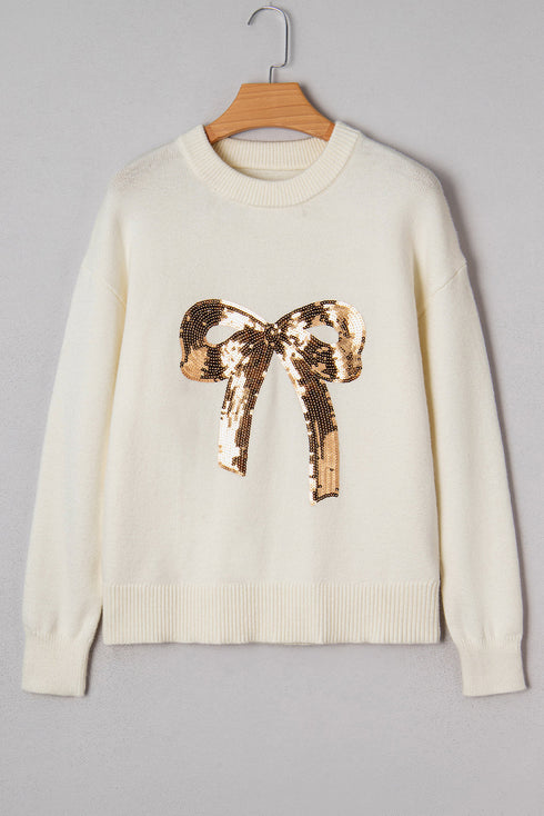 Sparkly Sequin Bow Graphic Pullover Knit Sweater