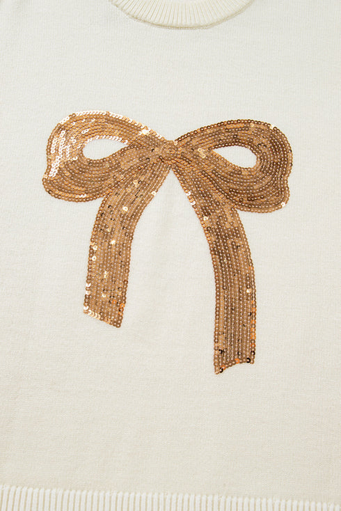 Sparkly Sequin Bow Graphic Pullover Knit Sweater