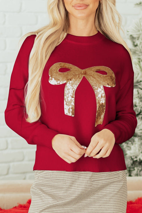 Sparkly Sequin Bow Graphic Pullover Knit Sweater