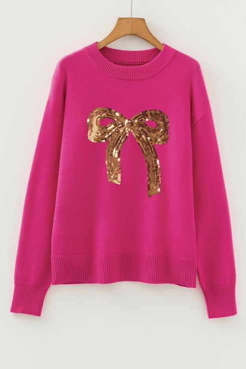 Sparkly Sequin Bow Graphic Pullover Knit Sweater