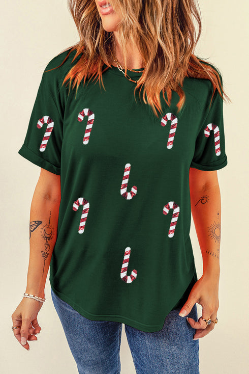 Sparkly Sequin Candy Cane Embellished Short Sleeve Tee