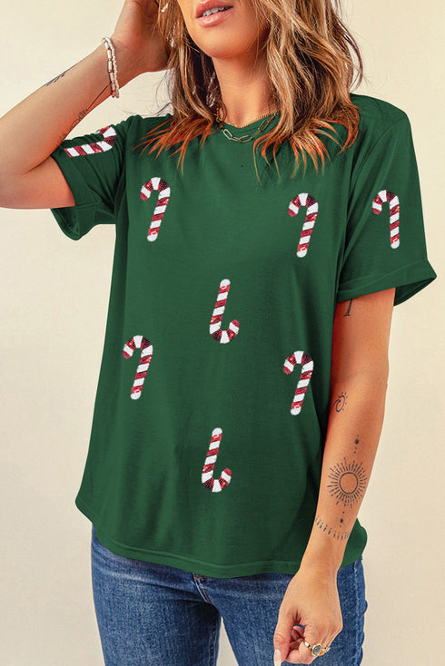 Sparkly Sequin Candy Cane Embellished Short Sleeve Tee