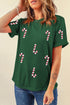 Sparkly Sequin Candy Cane Embellished Short Sleeve Tee