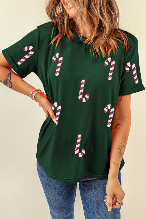 Sparkly Sequin Candy Cane Embellished Short Sleeve Tee