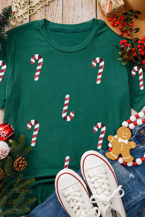 Sparkly Sequin Candy Cane Embellished Short Sleeve Tee