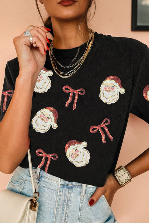 Sparkly Sequin Santa And Bow Graphic Holiday Tee