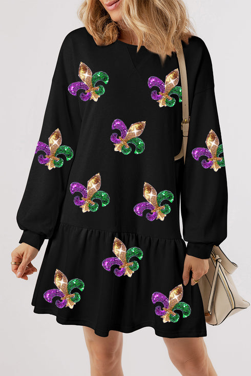 Sparkly Sequin Symbolic Pattern Pullover Mini Graphic Dress