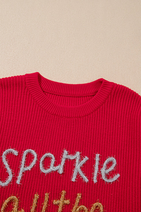 Sparkly Tinsel Letter Print Crew Neck Pullover Sweater