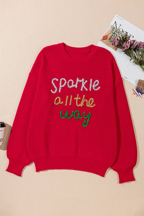 Sparkly Tinsel Letter Print Crew Neck Pullover Sweater
