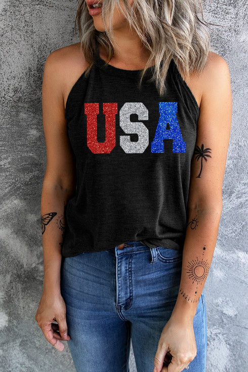 Sparkly USA Graphic Print High Neck Halter Top
