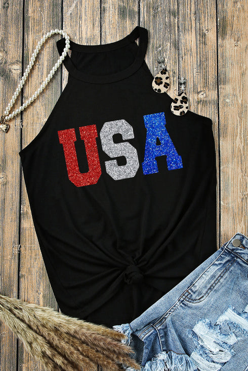 Sparkly USA Graphic Print High Neck Halter Top