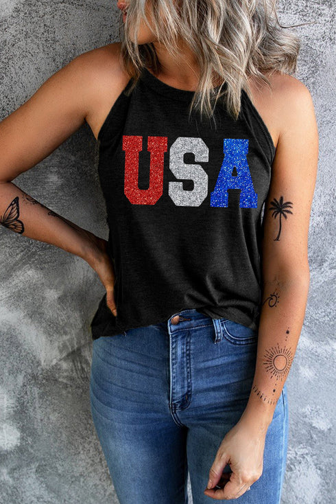 Sparkly USA Graphic Print High Neck Halter Top