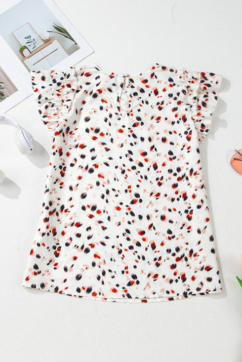 Speckled Abstract Print Ruffle Flutter Sleeve Keyhole Back Blouse Top