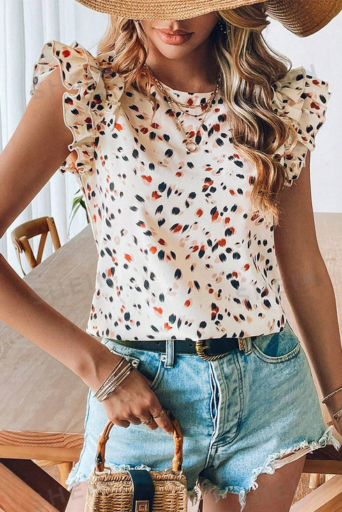 Speckled Abstract Print Ruffle Flutter Sleeve Keyhole Back Blouse Top