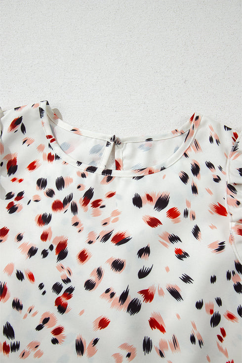 Speckled Abstract Print Ruffle Flutter Sleeve Keyhole Back Blouse Top