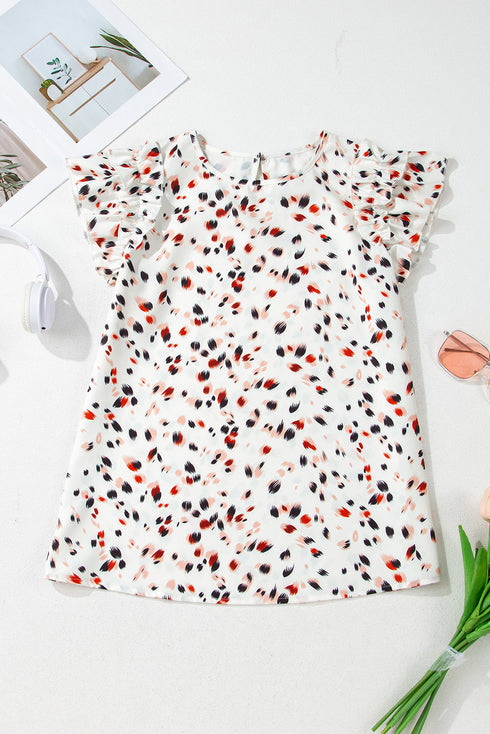 Speckled Abstract Print Ruffle Flutter Sleeve Keyhole Back Blouse Top