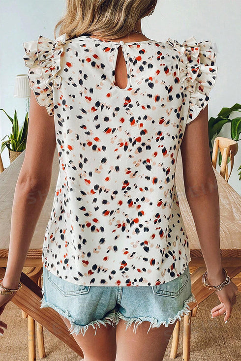 Speckled Abstract Print Ruffle Flutter Sleeve Keyhole Back Blouse Top