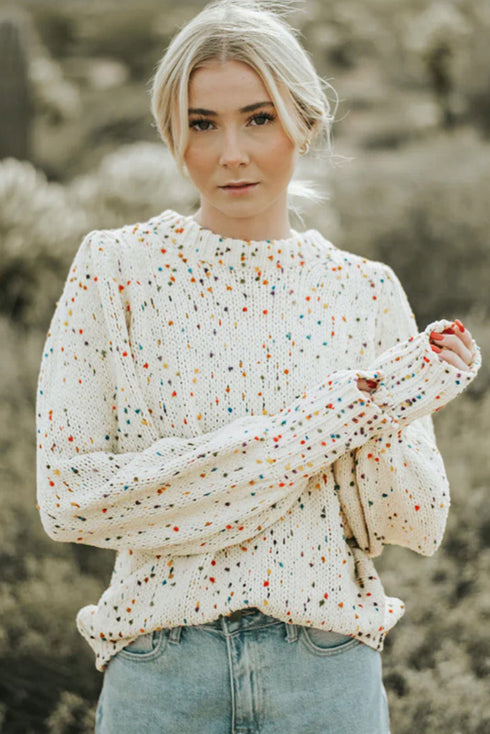 Speckled Chunky Knit Balloon Sleeve Pullover Sweater