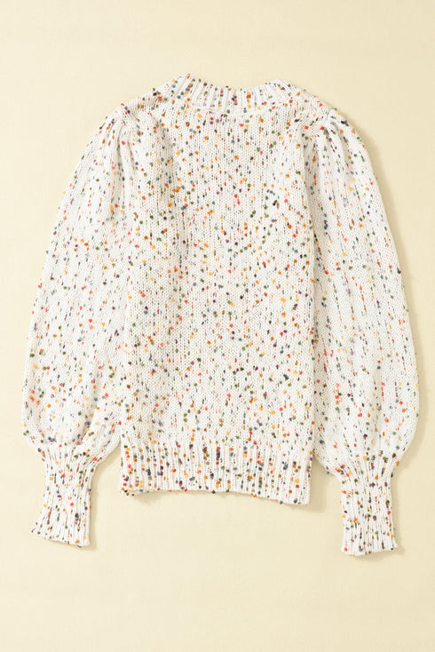 Speckled Chunky Knit Balloon Sleeve Pullover Sweater