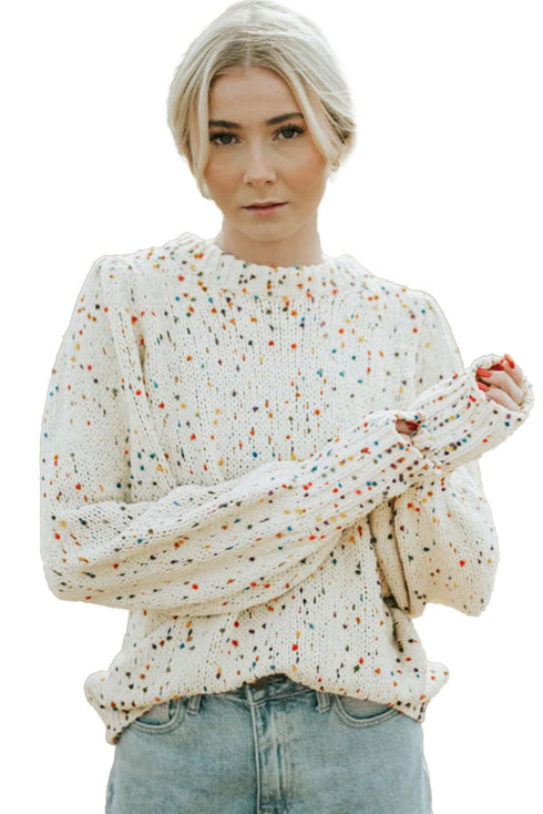 Speckled Chunky Knit Balloon Sleeve Pullover Sweater