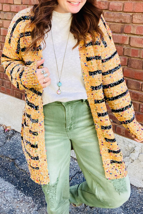 Speckled Stripe Open Front Knit Cardigan