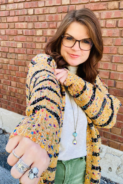 Speckled Stripe Open Front Knit Cardigan