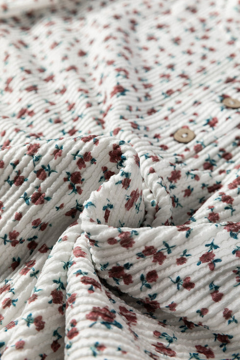 Spiral Ribbed Floral Print Long Sleeve Henley Short Set