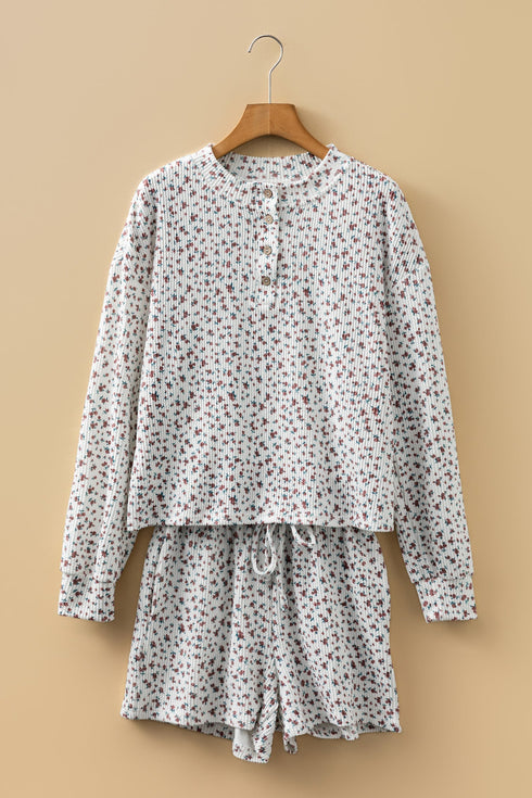 Spiral Ribbed Floral Print Long Sleeve Henley Short Set